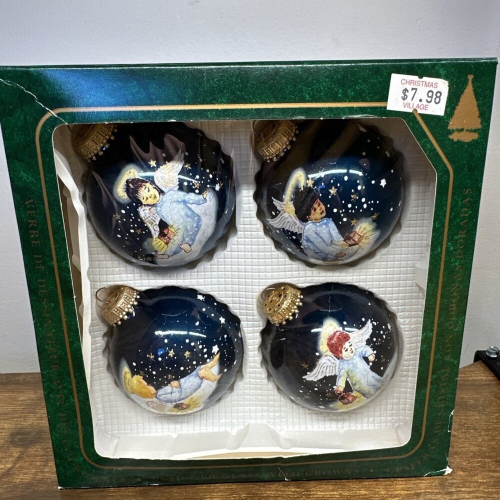 Vintage Children Angel Ornaments Christmas by Krebs Blue Glass  Box Of‎ 4